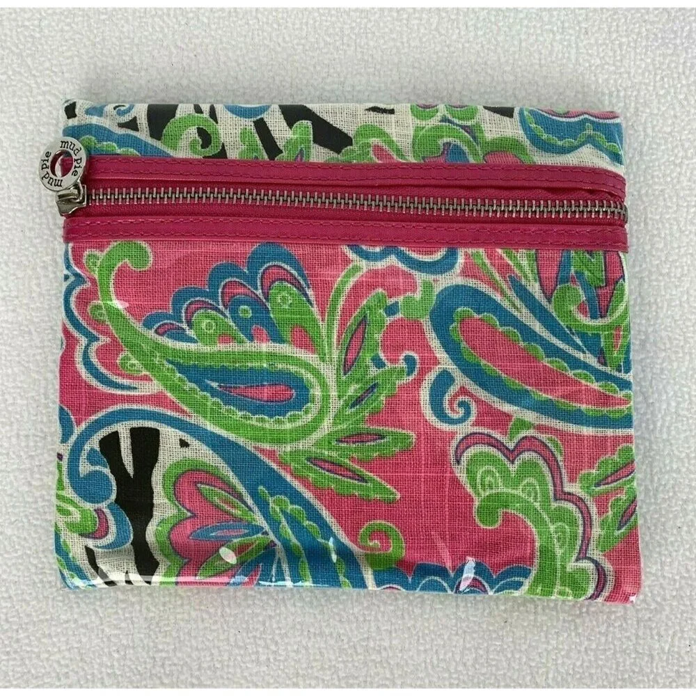Mud Pie Waterproof Zip Case Pouch Makeup Bag Pink Green Blue Paisley 7” x 8”